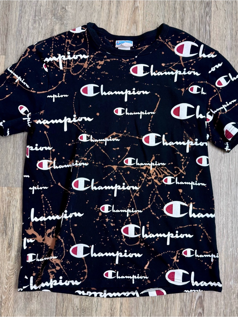 Champion Black Graphic Logo Tee with Brown Splatter